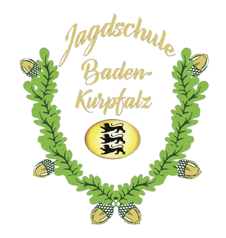 Logo der Jagdschule Baden-Kurpfalz mit Eichenlaub, Eicheln und dem baden-württembergischen Wappen